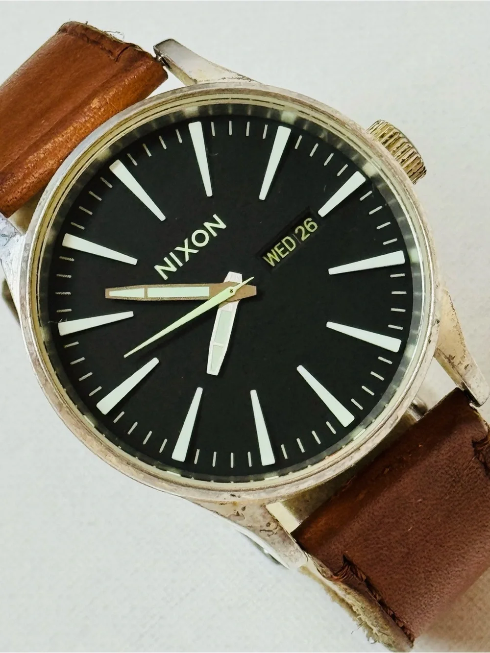 Nixon The Sentry 42mm Men's Day/Date Watch Silver Brown Leather Black Dial